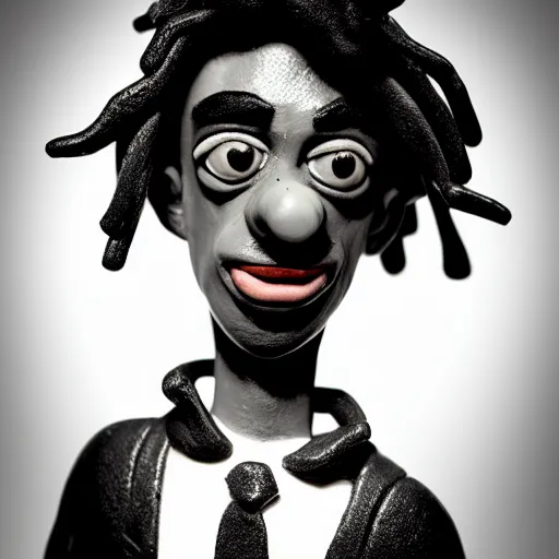 Image similar to a cartoon claymation medium close up sculpture of Playboi Carti, in the style of Tim Burton, black and white, high contrast