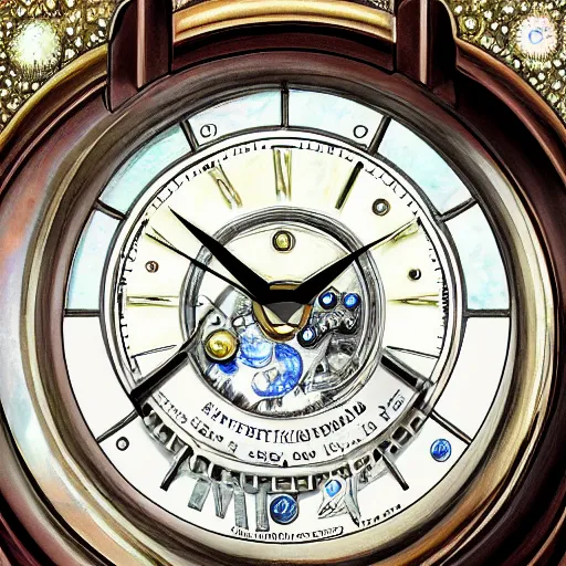 Prompt: detailed illustration of celestial watch from the far future with infinite dials, mother of pearl opal, year 2 5 0 0, style of norman rockwell