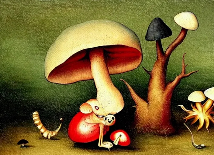 Image similar to a painting of a cute creature sitting next to a mushroom, detailed, realistic, in style of hieronymus bosch