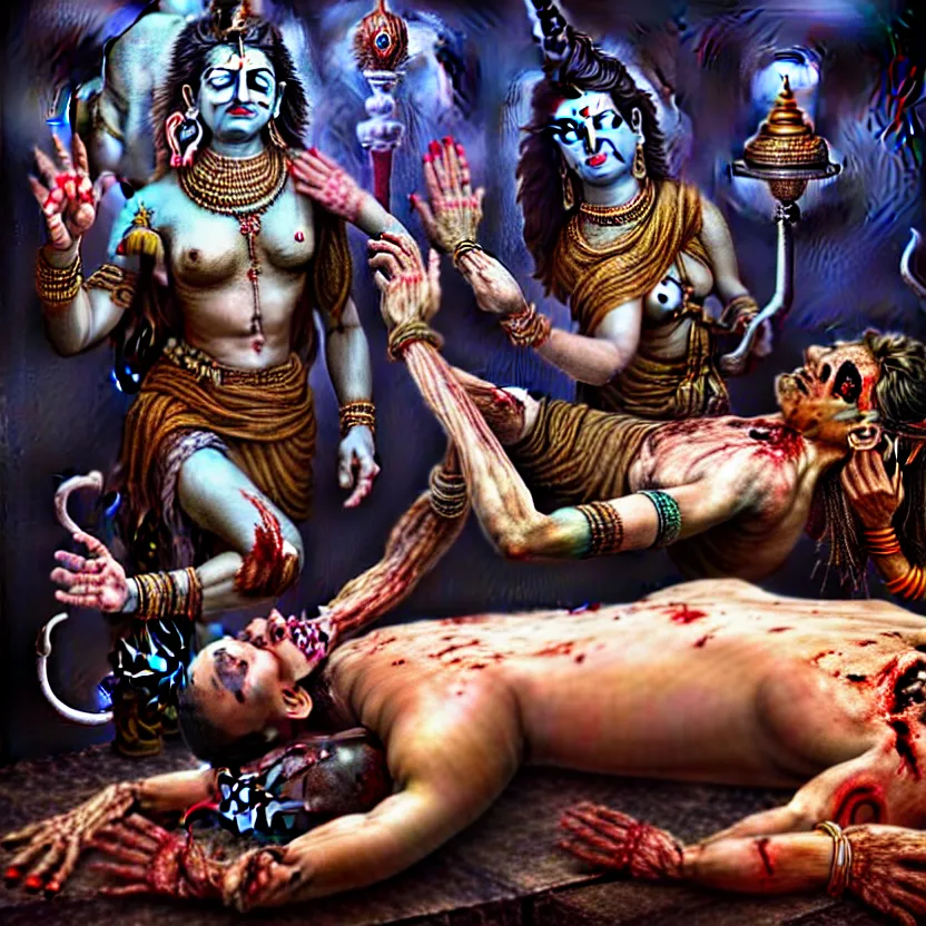 Image similar to kali with her tongue sticking out standing over the corpse of shiva, digital art, hyperrealistic nightmare scene, supernatural, highly detailed, creepy, terrifying