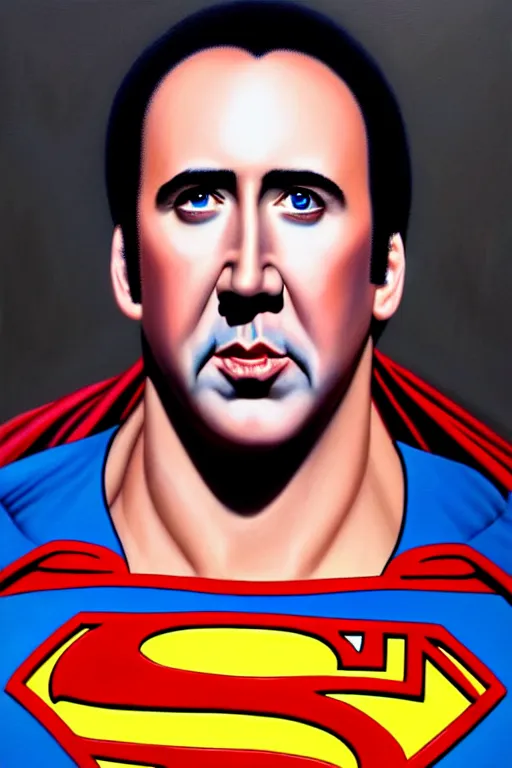 Image similar to portrait of nicolas cage as superman looking away from the camera, intricate, extremely detailed oil painting by mark brooks, artstation