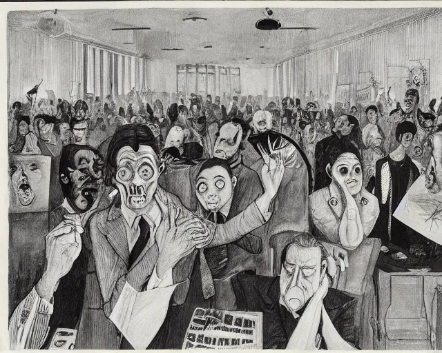 Image similar to the horror of beaurocracy, papers, horror, desks, office, waiting, stress, frustration, anger, crowded, harsh cinematic lighting, high qulity, 4 k, by charles addams and hilma af klint and affandi