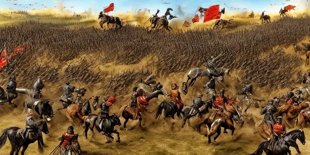 Image similar to medieval battlefield filled with cavalry fleeing from monster trucks!!!