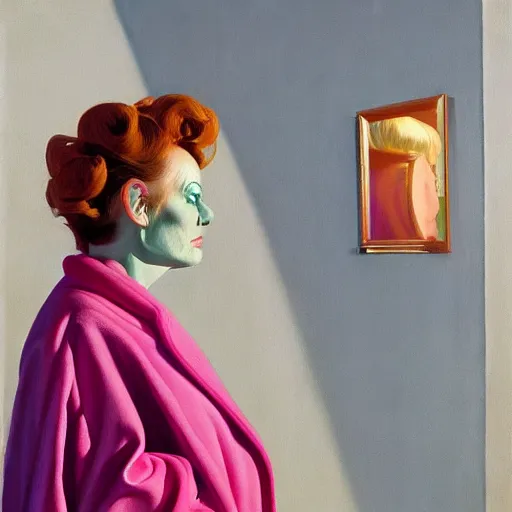 Prompt: Portrait of a diva wearing a pink shiny robe with fur , very coherent, painted by Edward Hopper, Wayne Barlowe, painted by James Gilleard, airbrush, art by JamesJean