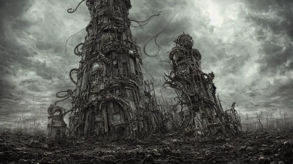 Image similar to A tower with an Eyeball at the top, BioMechanical like Giger, with tentacles coming out, looking over a stormy post-apocalyptic wasteland, dystopian art, wide lens