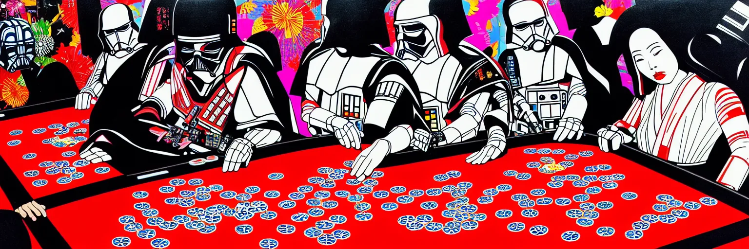 Image similar to hyperrealism composition of the detailed woman in a japanese kimono sitting at an extremely detailed poker table with darth vader and stormtrooper, ( ( r 2 d 2 ) ), ( ( c 3 po ) ), fireworks on the background, pop - art style, jacky tsai style, andy warhol style, acrylic on canvas