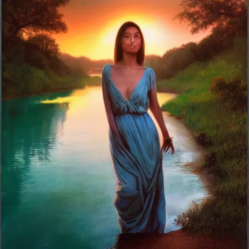 Image similar to Fine art photo of the most beautiful woman, she is posing while maintain a sweet eye contact to the camera she is walking on a river, she is getting ulluminated by the rays of the sunset, the photo was taking by Steve McCurry, matte painting, oil painting, naturalism, 4k, 8k