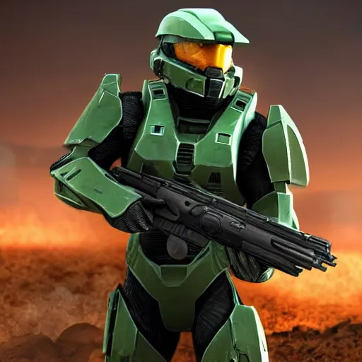 Image similar to Master Chief from Halo at a firing range with an AK-47, cinematic lighting, shot on iPhone, photorealism,