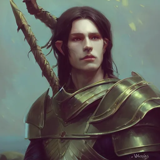 Image similar to medieval, attractive male elf with pale skin and long black hair, character design, armor, painting by wlop, nixeu and greg rutkowski, beautiful, semirealism, artstation, octane render, sharpness, 8 k, golden ratio