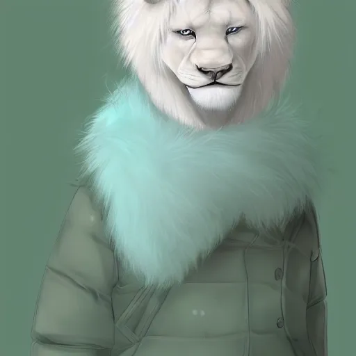 Image similar to aesthetic portrait commission of a albino male furry anthro lion wearing a cute mint colored cozy soft pastel winter outfit, winter atmosphere. character design by chunie