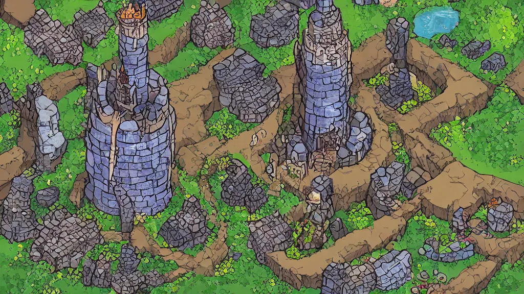 Image similar to Aerial view of a wizard tower surrounded by different kinds of gem mines and ominous caves, lineart, colored