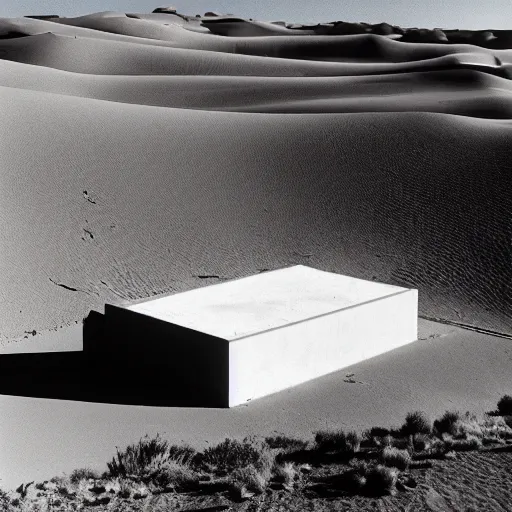 Image similar to a Non-Euclidean clay building sitting in the desert, vintage photo, beautiful cinematography, blue sky, film grain, aerial view, extreme wide shot, far away, symmetrical, in the distance, James Turrell