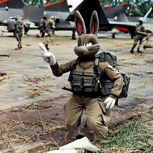 Prompt: bugs bunny is deployed to saigon in vietnam war, war photo, colorized