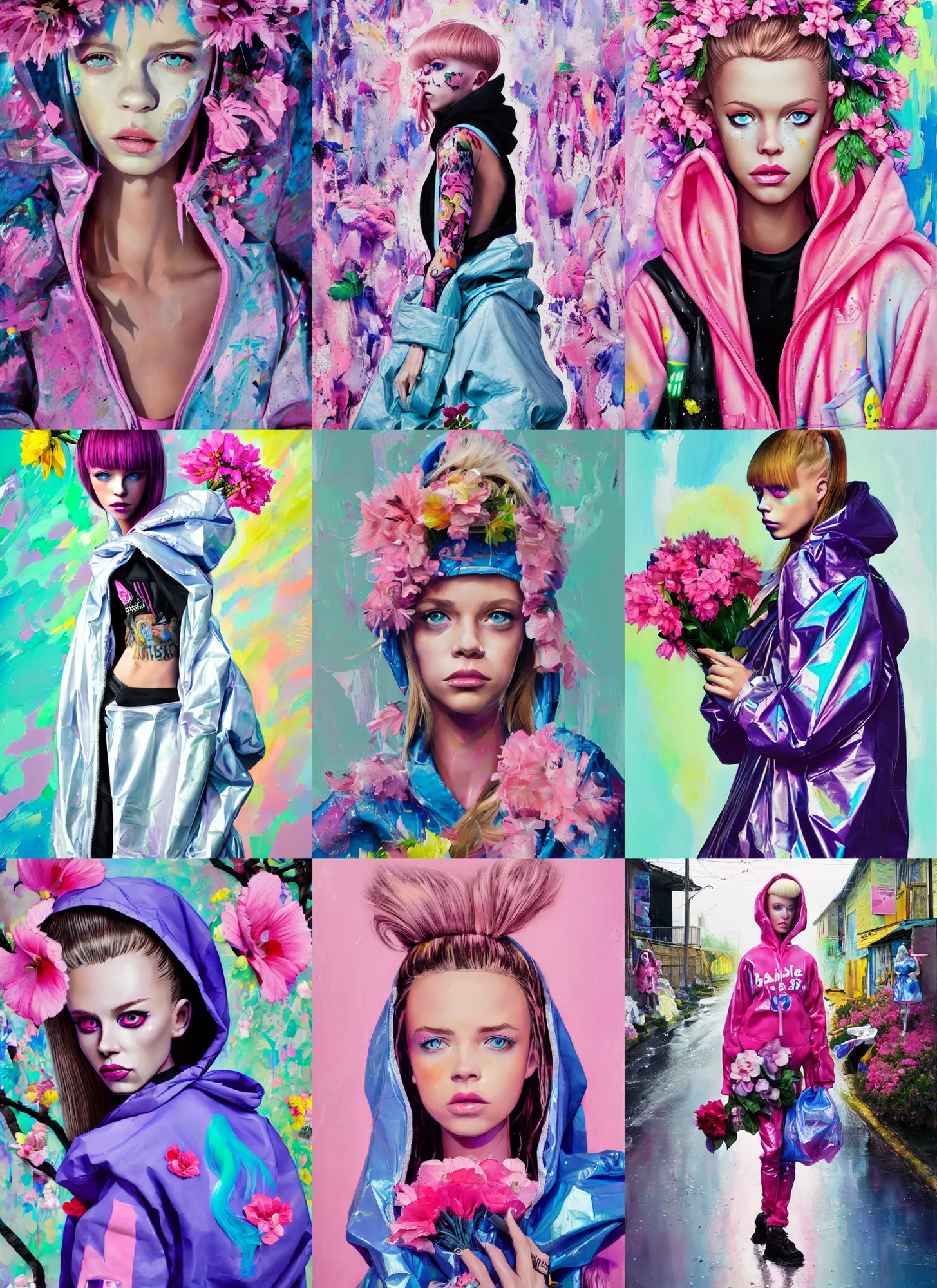 Prompt: still from music video of barbie palvin from die antwoord standing in a township street, wearing a trashbag hoodie garbage bag and flowers, street fashion, full figure portrait painting by martine johanna, ilya kuvshinov, rossdraws, pastel color palette, shiny plastic, detailed impasto brushwork, impressionistic