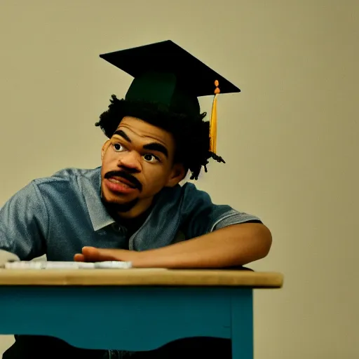 Image similar to a cinematic film still of a claymation stop motion film starring chance the rapper as a college student, shallow depth of field, 8 0 mm, f 1. 8