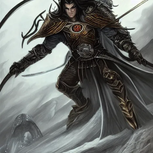 Prompt: Fingolfin duels Morgoth, Silmarillion, fantasy, concept art, high detail, artist Magali Villeneuve