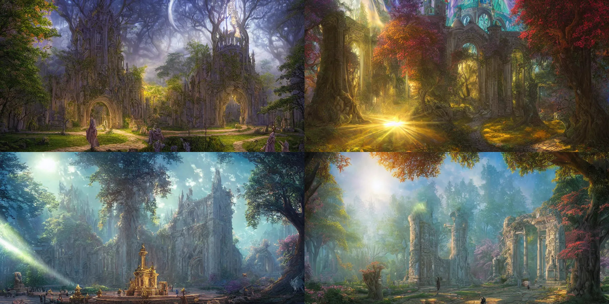 Prompt: monumental castle in a magical forest with tall trees and statues of ancient goddesses, warframe, whimsical, fairy tale, hyper realistic, volumetric lighting, sunshafts, dan mumford, thomas kinkade