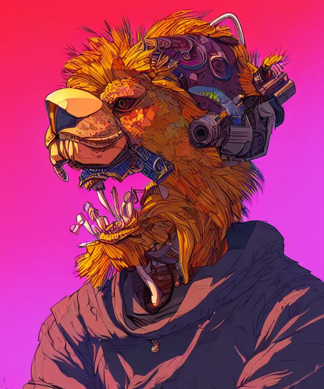 Prompt: a portrait of an anthropomorphic cyberpunk lion holding a turkey leg, fantasy, elegant, digital painting, artstation, concept art, matte, sharp focus, illustration, art by josan gonzalez