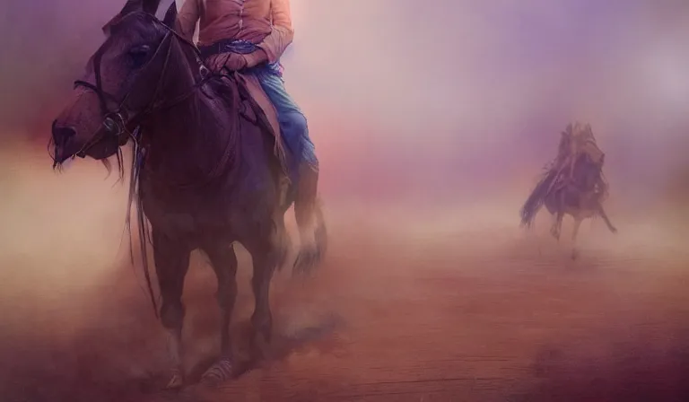 Image similar to dust storm in the old west, sharp focus, intricate, elegant, digital painting, artstation, matte, highly detailed, concept art, illustration, volumetric lighting, gold and blue and pink color scheme, bokeh light, art by greg olsen and liz lemon swindle