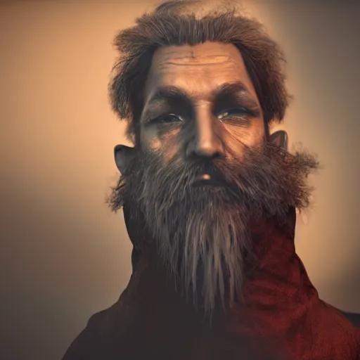Prompt: old man with butterfly beard wearing a cloak, dramatic dark lighting, cool colors, unreal engine