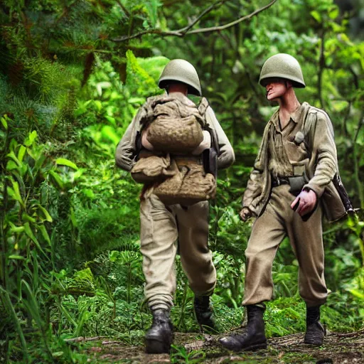 Prompt: world war 2 soldiers walking in the jungle, detailed, clean, realistic