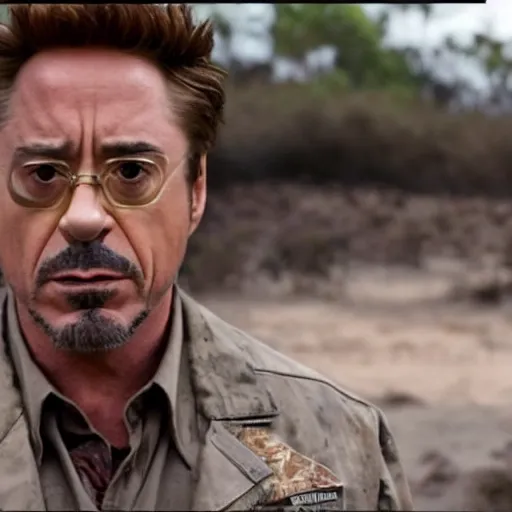 Image similar to cinematic still of robert downey jr as kirk lazarus in tropic thunder film