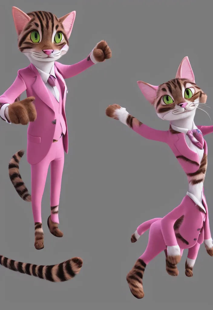 Prompt: 3 d render, anthropomorphic male tabby cat, wearing a pink tux, style of zootopia, 8 k hd resolution, high quality image