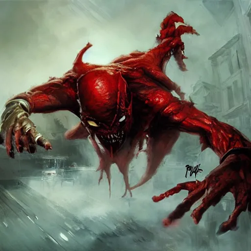 Image similar to red goblin, epic scene, paint by Raymond Swanland