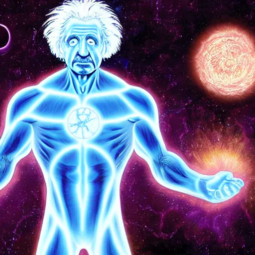 Prompt: a highly detailed digital painting of albert einstein as dr. manhattan from watchmen, comic book cover by mark bagley