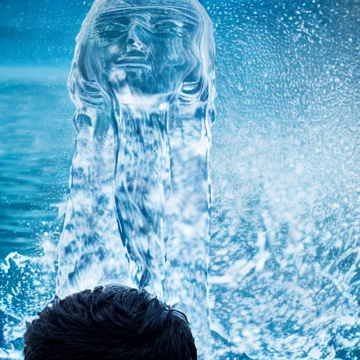 Prompt: spilling water creating a human head out sculpture of water, on the ocean water, ray tracing, realistic water sharp focus, long shot, 8 k resolution, cinematic, amazing water art