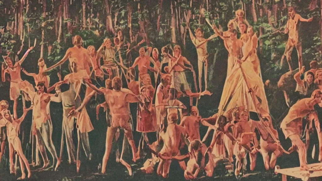 Prompt: A vintage scientific illustration from the 1970s of a Swedish cult performing a human sacrifice to the gods during the midsummer festival in Sweden in the summer on the meadows by Wes Anderson