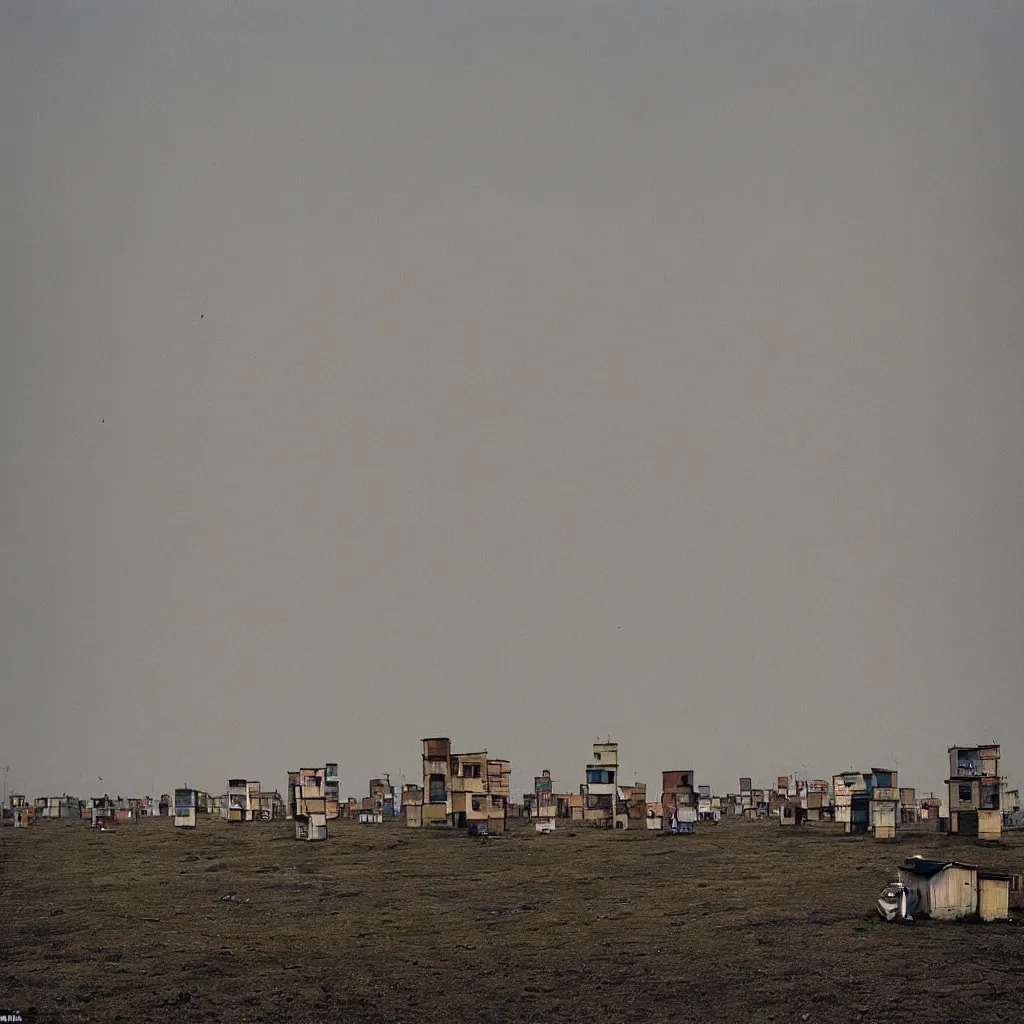 Image similar to towers made up of stacked makeshift squatter shacks with faded colours suspended over a quagmire, plain uniform sky at the back, misty, mamiya, ultra sharp, very detailed, photographed by alejandro jodorowsky