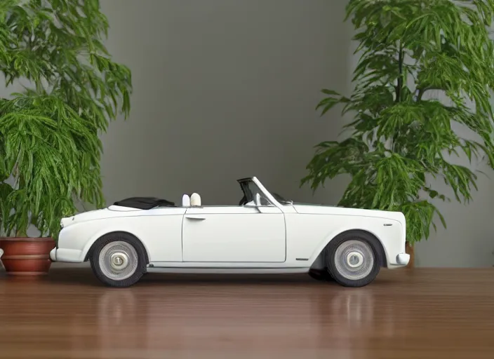 Image similar to a small miniature of a Rolls Royce Corniche Cabrio on a white table near a vase with a plant, 3d render, octane render, unreal engine 5, path tracing, serene landscape, calm, relaxing, beautiful landscape, highly detailed, high quality, 4k, symmetrical, low contrast