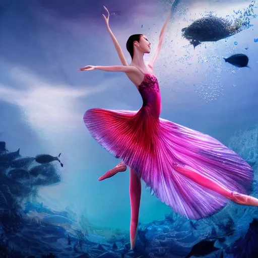 Prompt: a beautiful hyperdetailed rendering of a beautiful underwater ballerina lyrical dancer with flowy dress like a beta fish fins, weightless, flowy, deep color, fine bubbles, cryengine, 8 k, extreme detail, realism, realistic, surrealist, full subject in frame and view, epic scale ultrawide angle
