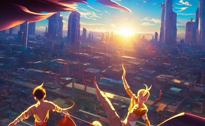 Image similar to Panoramic city view of the anime character Astroboy, golden hour sunlight, award winning painting, artstation, concept art, digital painting, Unreal Engine 5, 8K, art by artgerm and greg rutkowski and makoto shinkai and alphonse mucha and ross tran