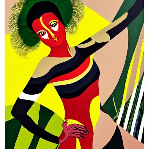 Image similar to art by joshua middleton, a medium shot portrait of the golden creeper, a tall manically smiling yellow - skinned woman with green and black striped cycling shorts and wearing a long red and black striped ostrich feather boa, the actress thandie newton, yellow makeup, mucha, kandinsky, poster, art deco motifs, comic art, stylised design, scarlet feather boa