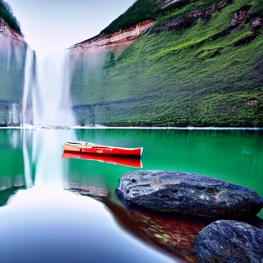 Image similar to modern boat floating on a lake, waterfalls in the background, water reflections, very detailed photography, 4K, wallpaper, beautiful natural scenery