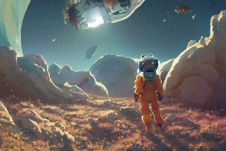 Image similar to astroneer chasing a distant spaceship Anime, wide angle, fine details, cinematic. galaxy starscape. realistic shaded lighting by Ilya Kuvshinov Giuseppe Dangelico Pino and Michael Garmash and Rob Rey greg rutkowski, octane render, IAMAG premiere, aaaa achievement collection, elegant freckles, cinematic hologram, fabulous, daily deviation, annual award winner