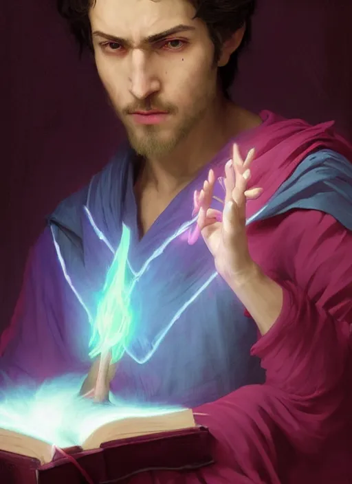 Image similar to character concept portrait of an attractive young bored Spanish wizard with magenta skin conjuring an fireball spell, a floating iridescent spell book in the center, intricate, elegant, digital painting, concept art, smooth, sharp focus, illustration, from Metal Gear, by Ruan Jia and Mandy Jurgens and William-Adolphe Bouguereau, Artgerm