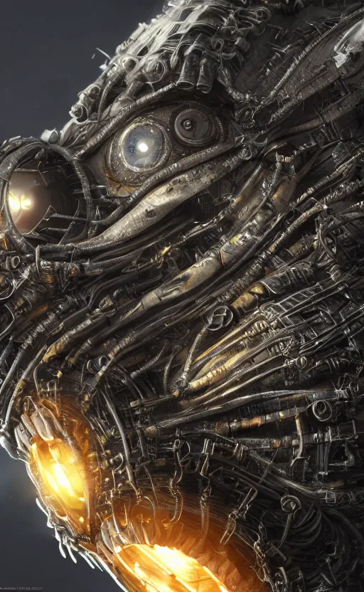 Prompt: a close up sci fi horror quarter - length portrait of sunflower robot reptile eyes fused into massive wires and wearing sunflower sci fi armor, cinematic lighting, smooth, high detail, glowing eyes, studio quality, highly detailed, centered, octane render, by alexandros pyromallis, fog volumes, metal panels, greeble detail, frank frazetta, cgsociety