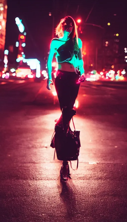 Image similar to portrait of young woman lowlight neon, cinematic,4k,35mm,street photo, epic