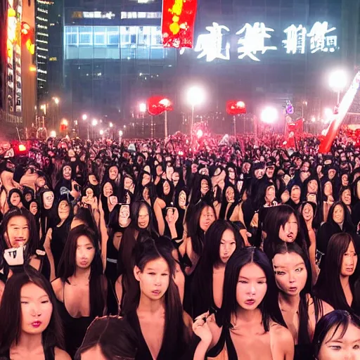 Prompt: 4 k wide angle gigantic army of instagram models surrounding the futuristic chinese tik tok headquarters during a protest with torch lighting at dusk