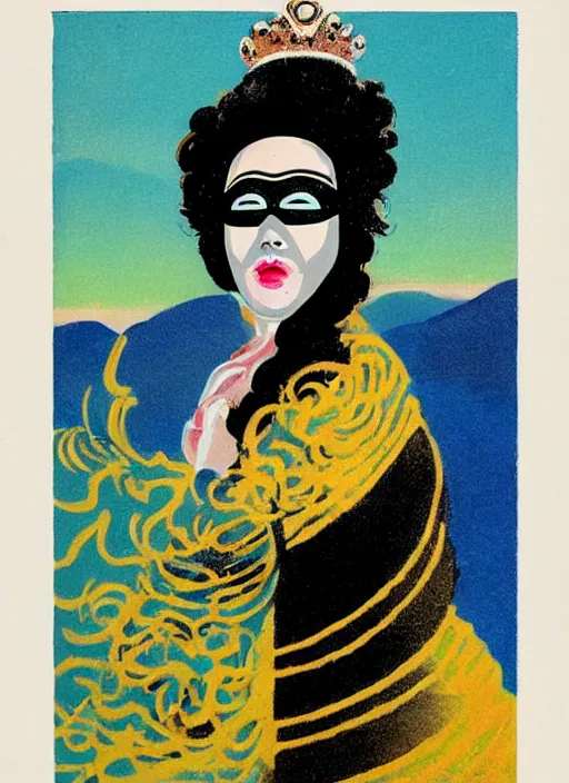 Prompt: an extreme close - up low angle portrait of the young extravagantly dressed queen wearing opera mask in a scenic representation of mother nature and the meaning of life by billy childish, thick visible brush strokes, shadowy landscape painting in the background by beal gifford, vintage postcard illustration, minimalist cover art by mitchell hooks