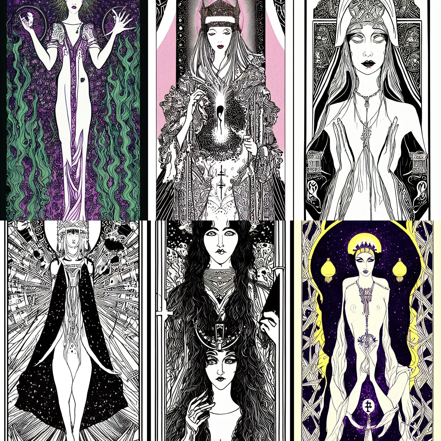 Prompt: High priestess tarot card, spiritual, 4k digital illustration by Aubrey Beardsley in the style of Kelly McKernan, Tarot Card, occult, iconography, intricate border designs, Artstation