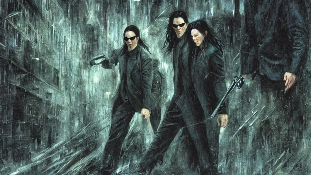 Prompt: an oil painting in the style of alan lee depicting the movie the matrix ( 1 9 9 9 )