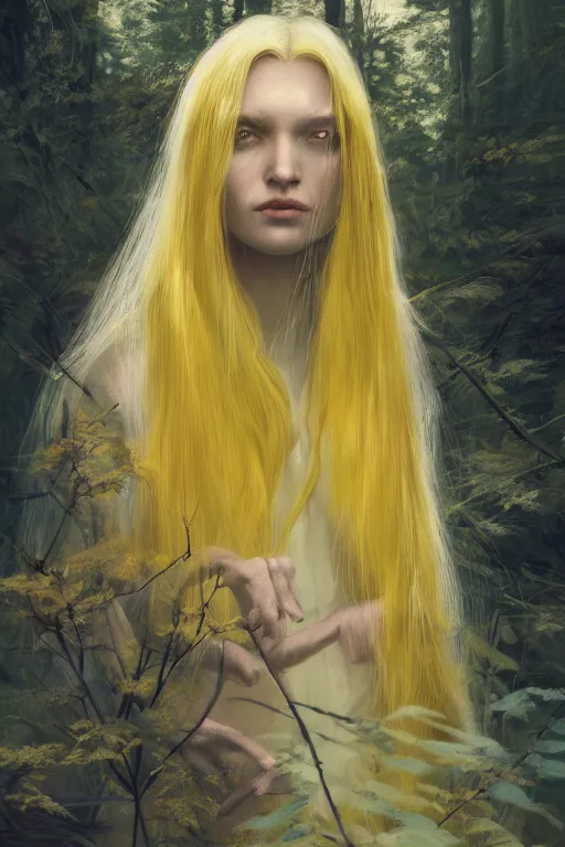 Prompt: digital drawing of wizard woman with long yellow hair standing in a forest by jeremy lipking and greg rutkowski and artgerm rendered in octane, beuatiful lighting, close - up