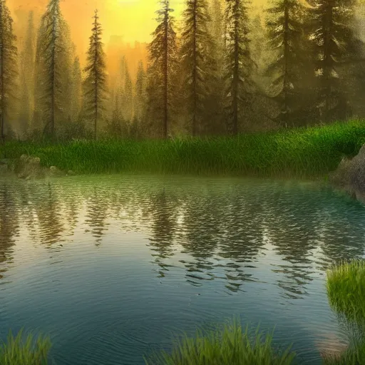Prompt: looking at a very detailed, highly rendered, as photorealistic as possible, lively, warm, wonderful, friendly lake in the middle of a very vegetated forest in a fantasy world, during a colorful sunraise