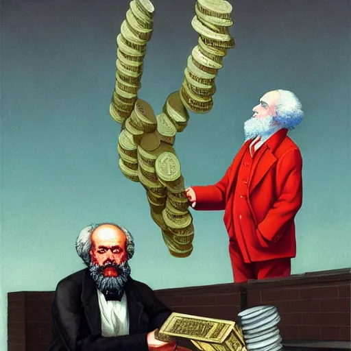 Prompt: Karl marx Holding bitcoins and dreaming about capitalism, highly detailed, very coherent, painted by Francis Bacon and Edward Hopper, Wayne Barlowe, painted by James Gilleard, surrealism, airbrush, art by JamesJean