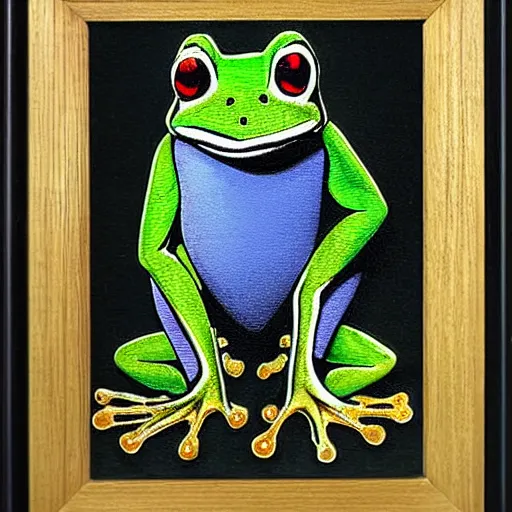 Image similar to a small frog standing on two feet at the hotel reception entry, black velvet, edgar leeteg