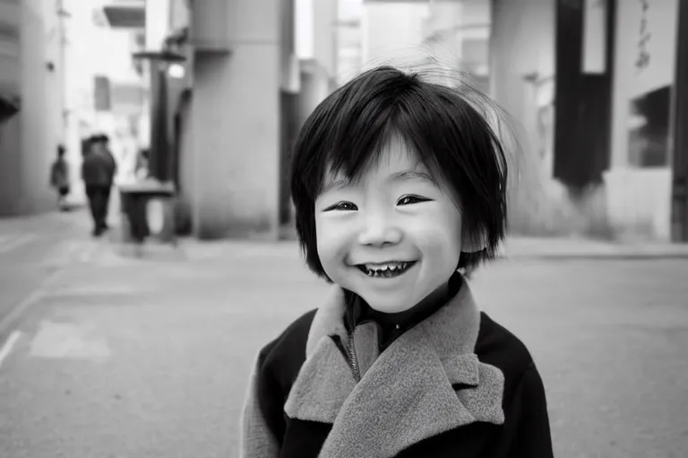 Image similar to still photo of a japanese child smiling at the camera on the street, black and white color aesthetic, highly detailed, photorealistic portrait, bright studio setting, studio lighting, crisp quality and light reflections, unreal engine 5 quality render